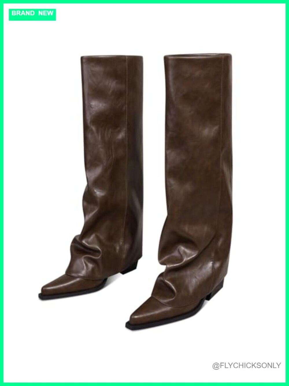 Faux Leather Fold Over Knee High Boots Wide Calf Chunky Heel Pointed Toe